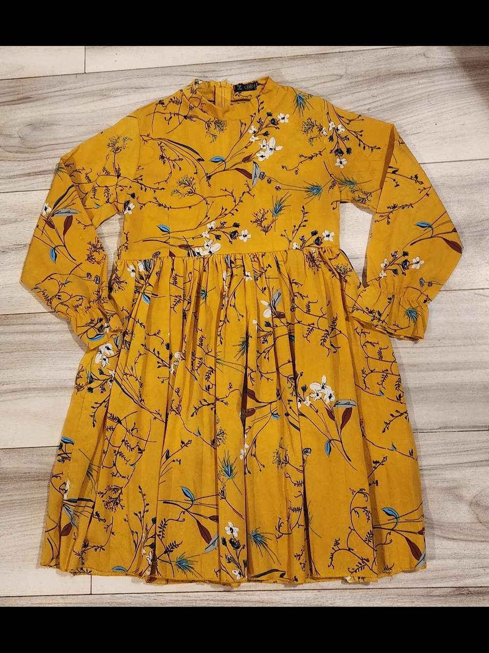 Girls' Gathered Dress Floral Gold Mustard Long-Sleeve Casual Dress Size 12